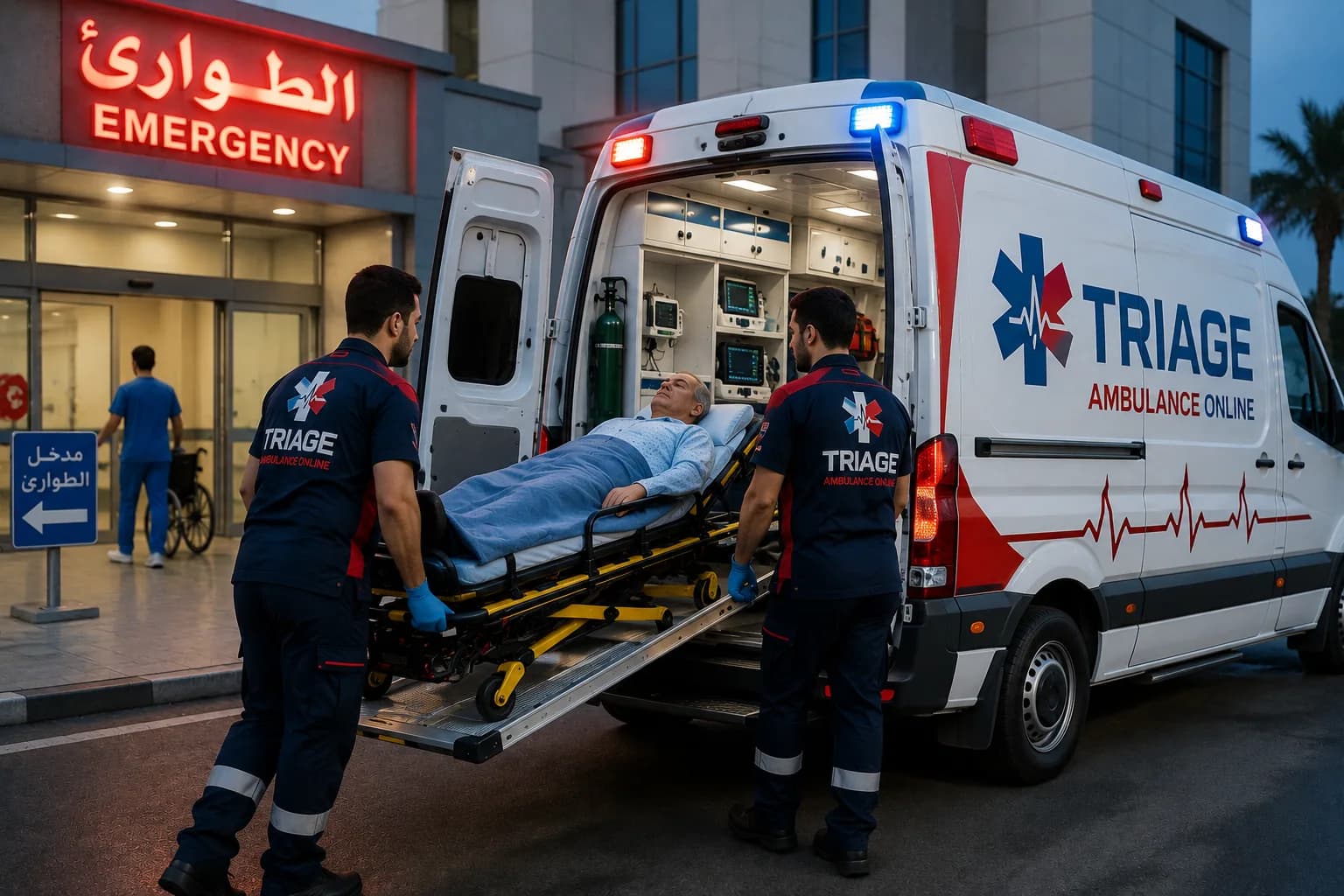 طاقم مستجاب إسعاف ينقل مريضًا على نقالة أمام مدخل الطوارئ