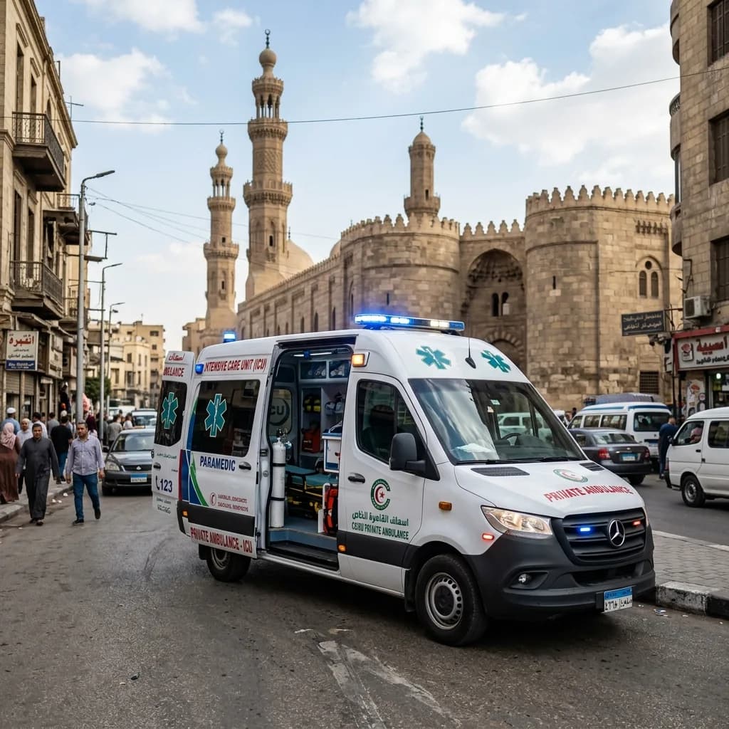 سيارة إسعاف خاصة تخدم في شوارع القاهرة التاريخية بالقرب من المعالم الإسلامية